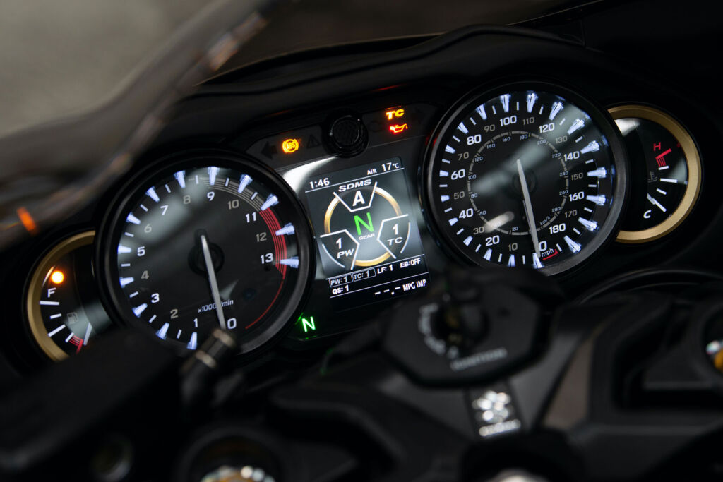 A close up view of the display on the motorcycle