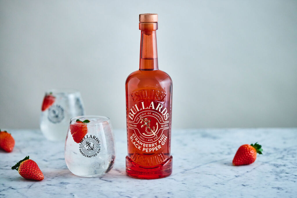 A bottle of Strawberry and Black Pepper Bullards Gin