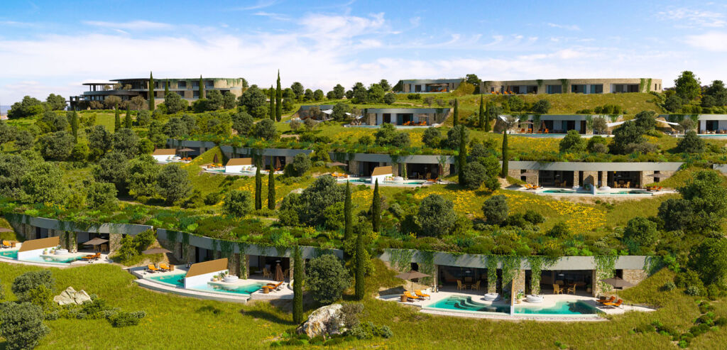 A rendering showing the proposed Mandarin Oriental villas at Costa Navarino