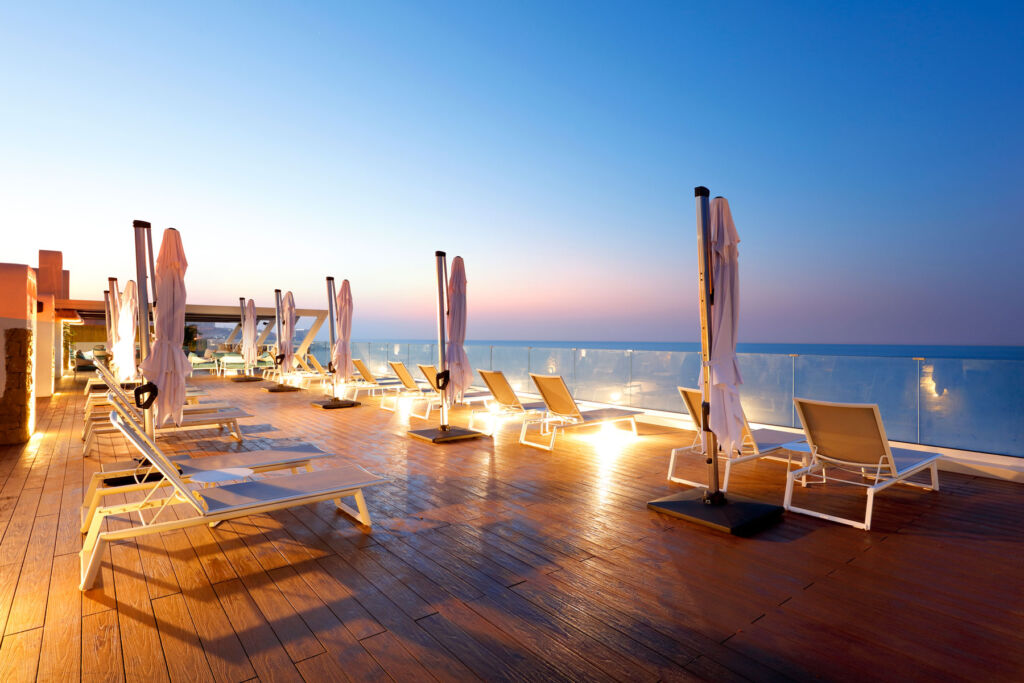 The outdoor terrace at sunset at the Palladium Hotel Costa del Sol