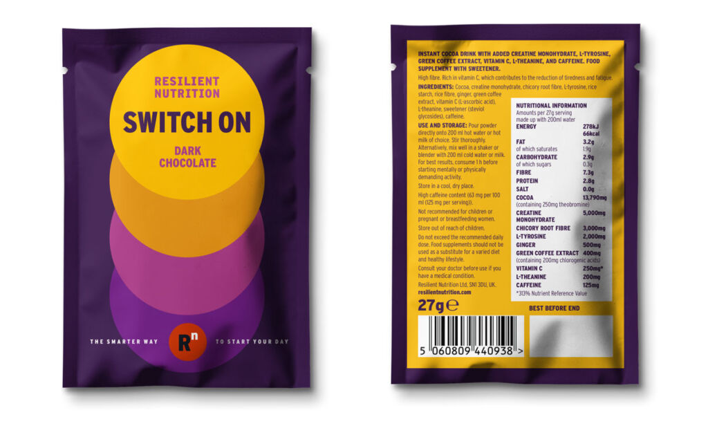 The front and back of the Resilient Nutrition Switch On Dark Chocolate packaging