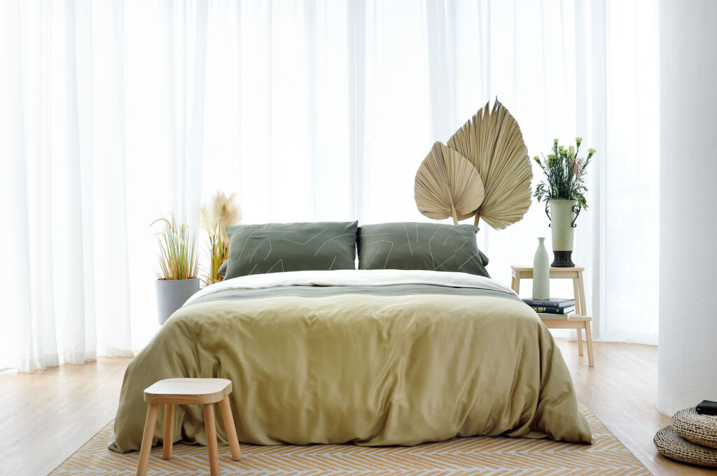 A duvet and pillow set in natural colours