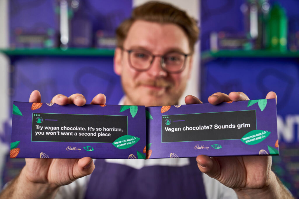 The plant based chocolate bars with the social media comments on the wrappers