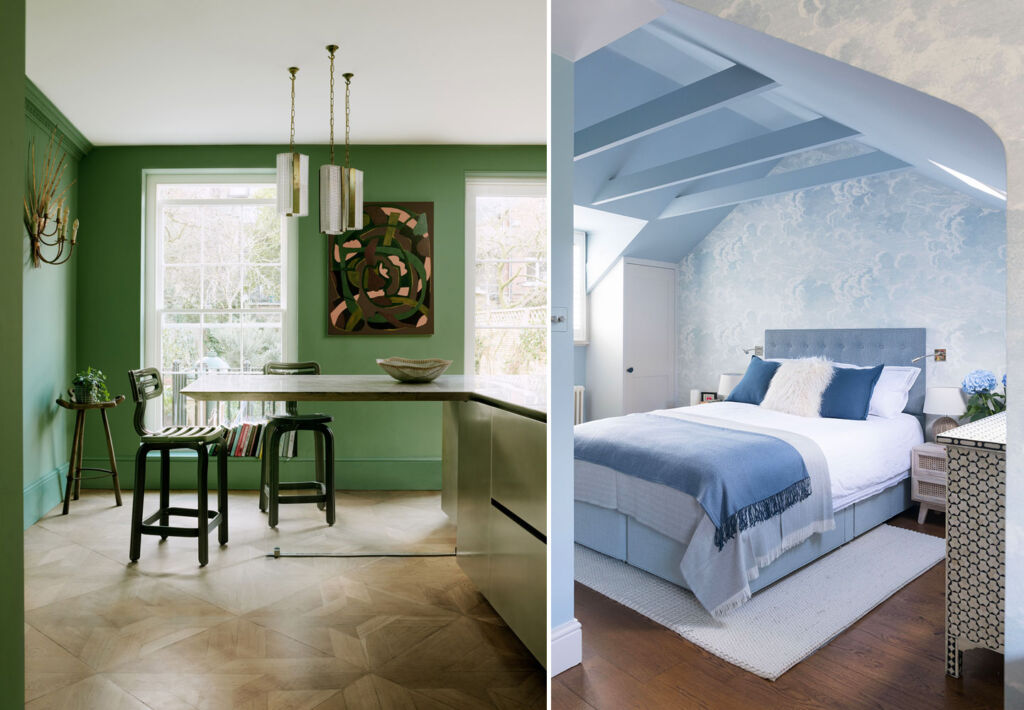 A deep green shade in the kitchen and a light blue colour scheme in the bedroom