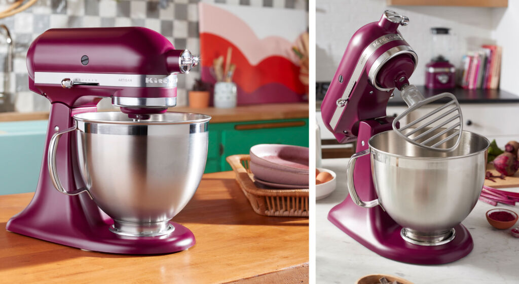 Two different views of the KitchenAid ARTISAN Tilt-Head Stand Mixer 4.8 litre in Beetroot