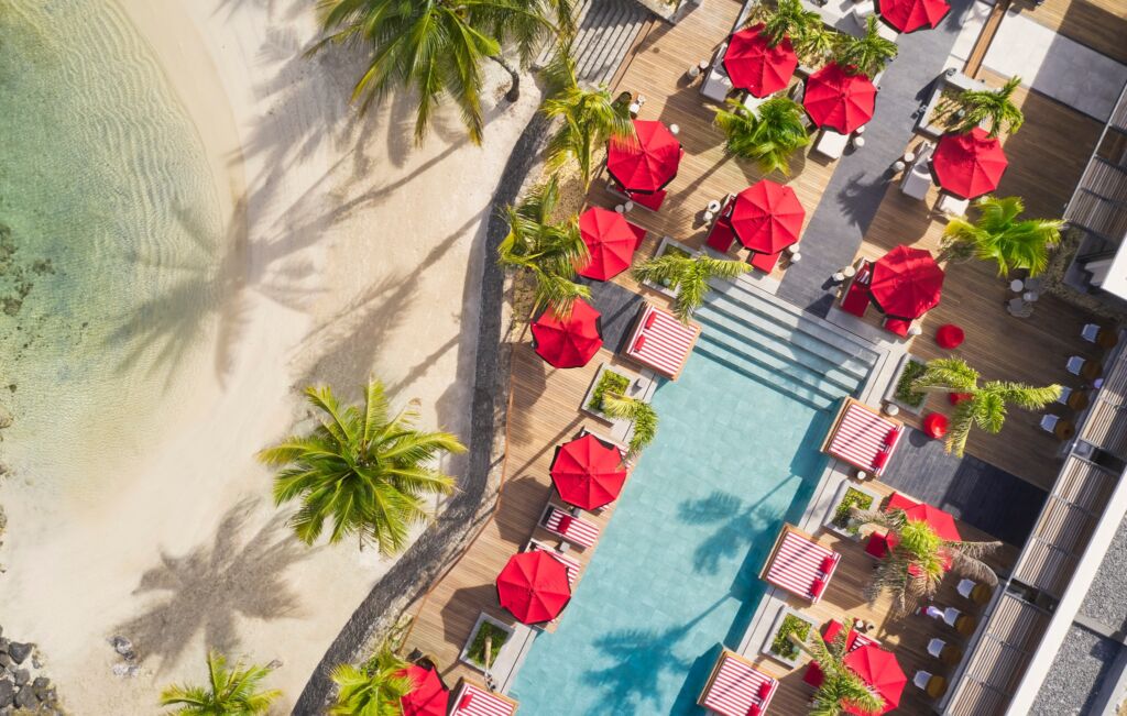 LUX Grand Baie Resort & Residences beachfront pool from above