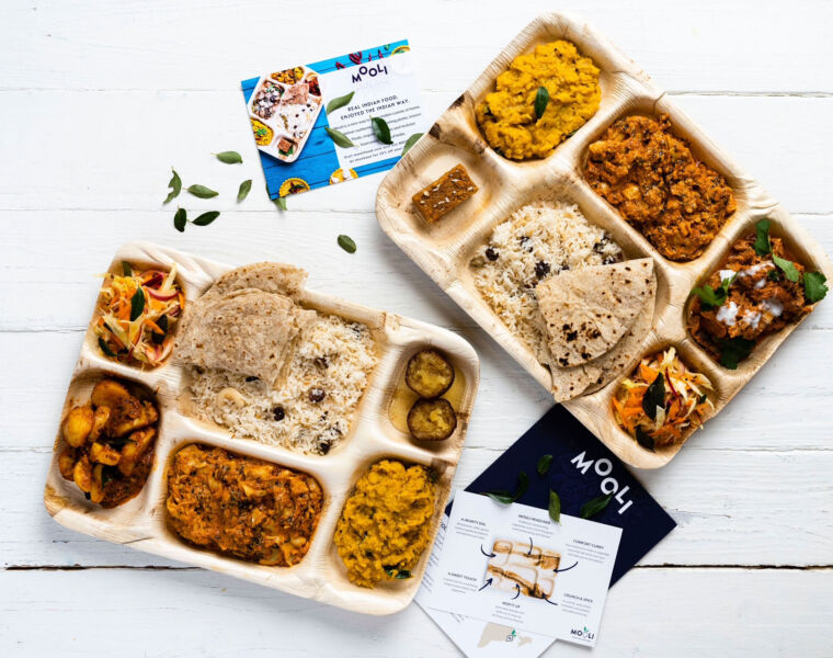 The Thali dishes on the supplied trays with leaflets and information