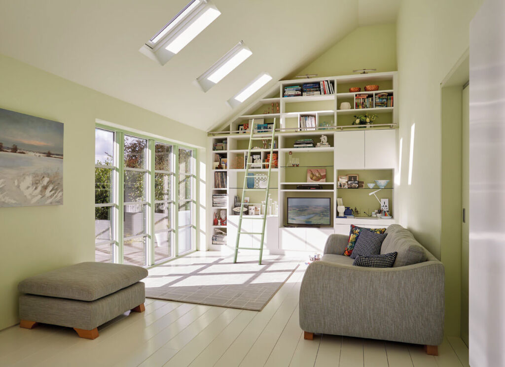 White storage in a light green room