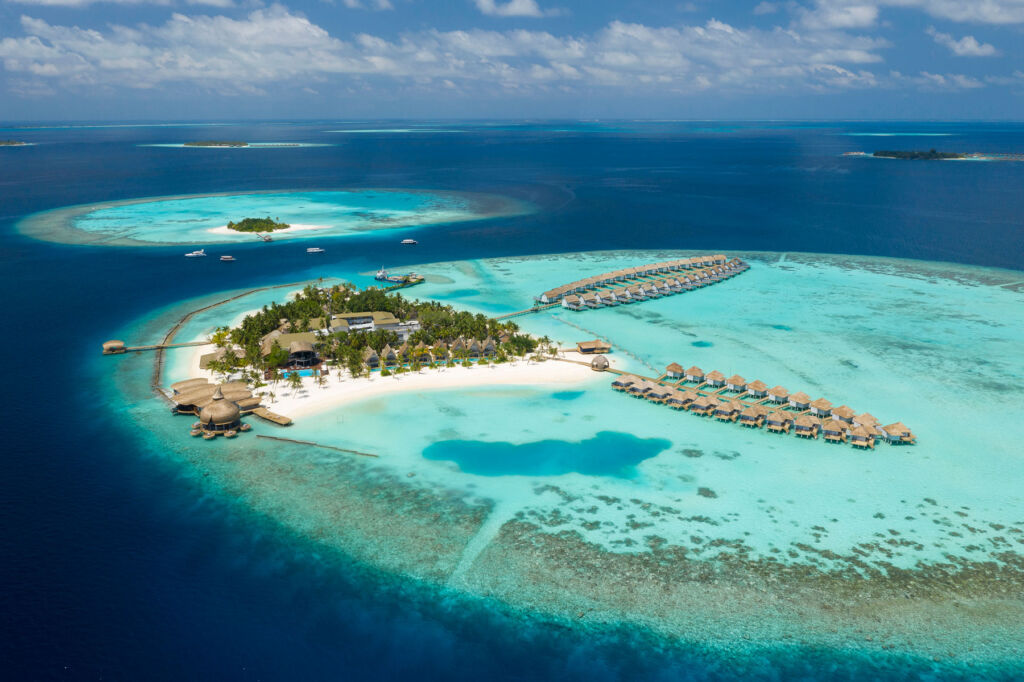 An aerial view of the Outrigger Maldives Maafushivaru Resort