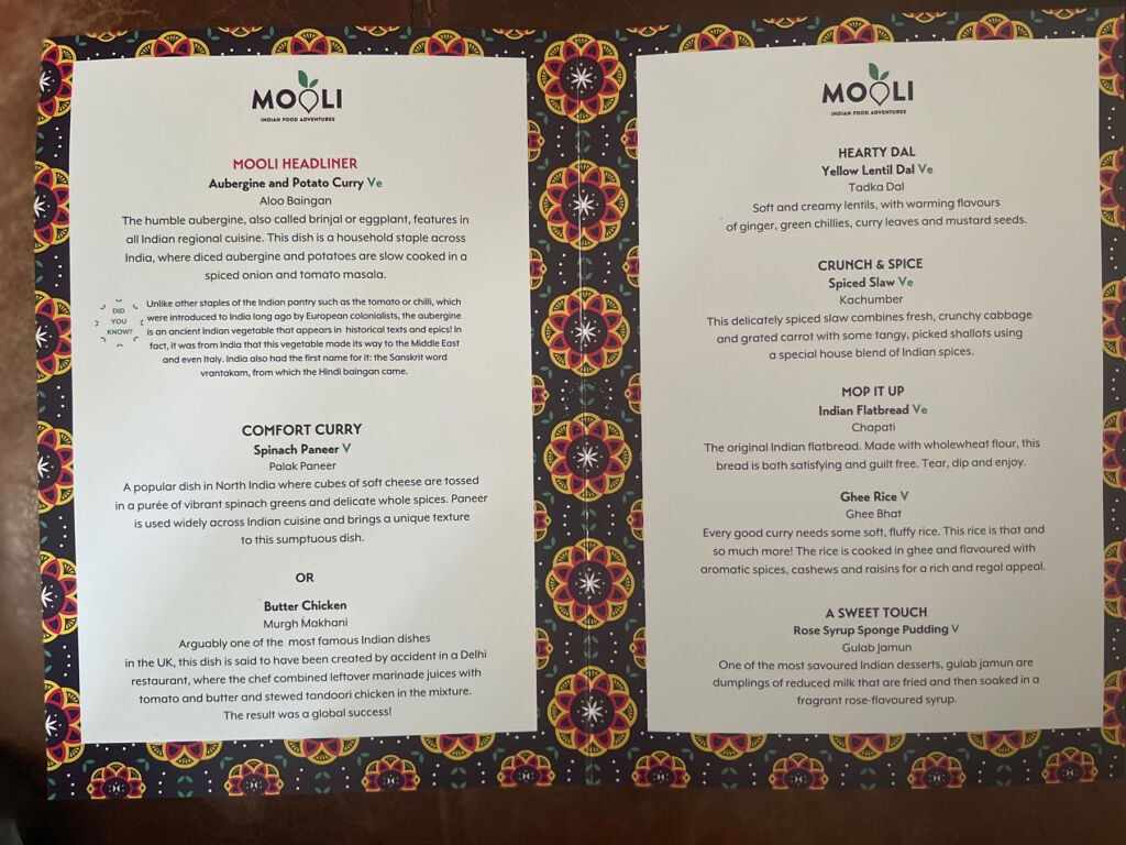 A menu showing the dishes provided by Mooli