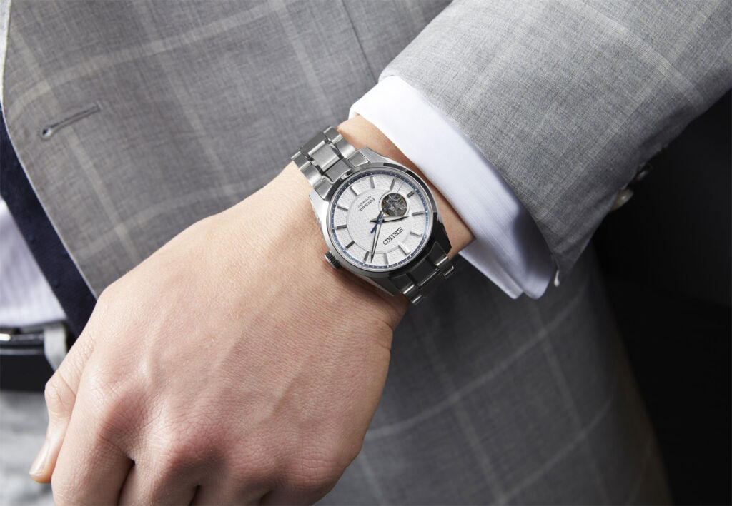 The Presage Sharp Edge watch being worn on the wrist