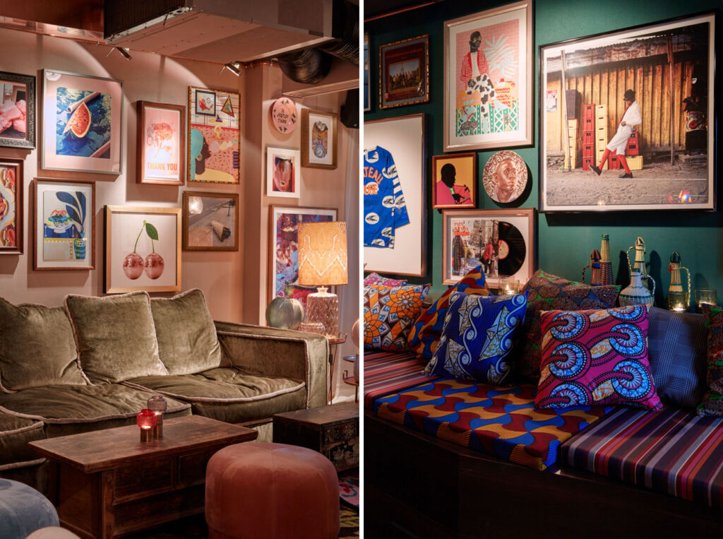 Walls filled with vibrant art married with soft furnishings