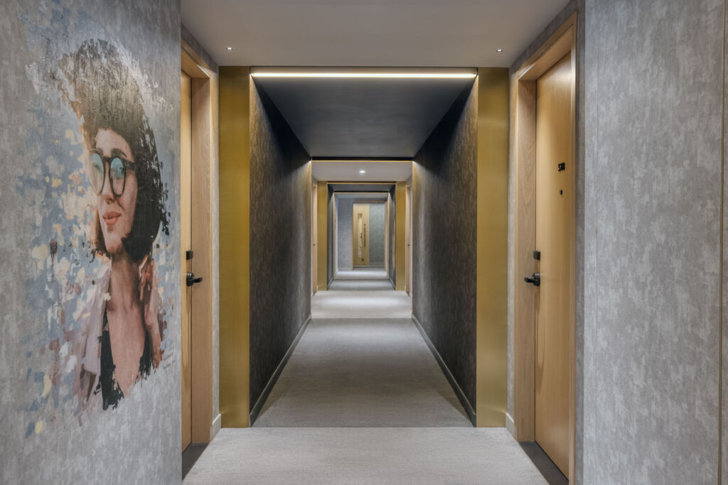The wide corridors in the Canopy by Hilton London City