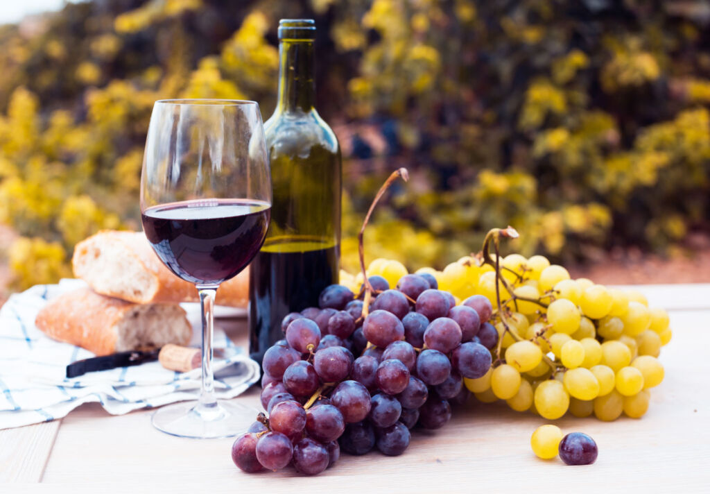 A glass of wine with grapes on a table