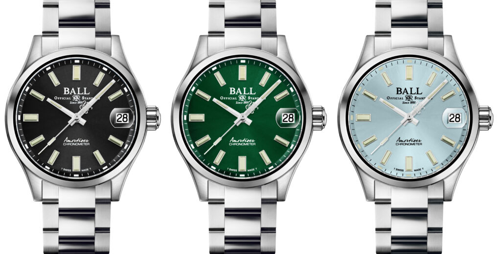 Three of the watches in the series showing the different dial colours