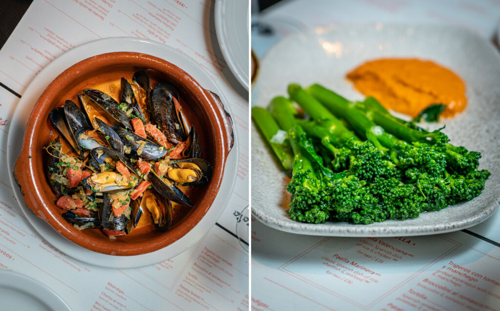 One dish with mussels and another with vegetables