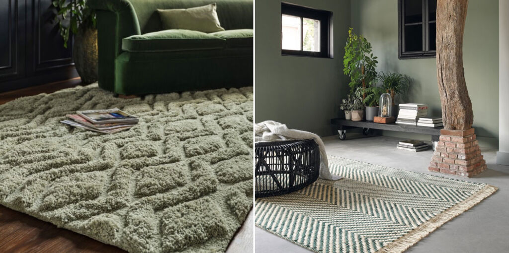 Two green rugs with different shades and patterns