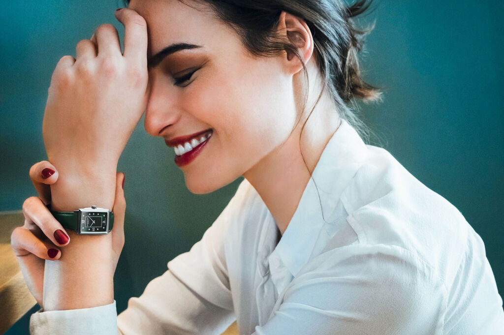 A woman wearing a watch from Raymond Weil's Toccata collection