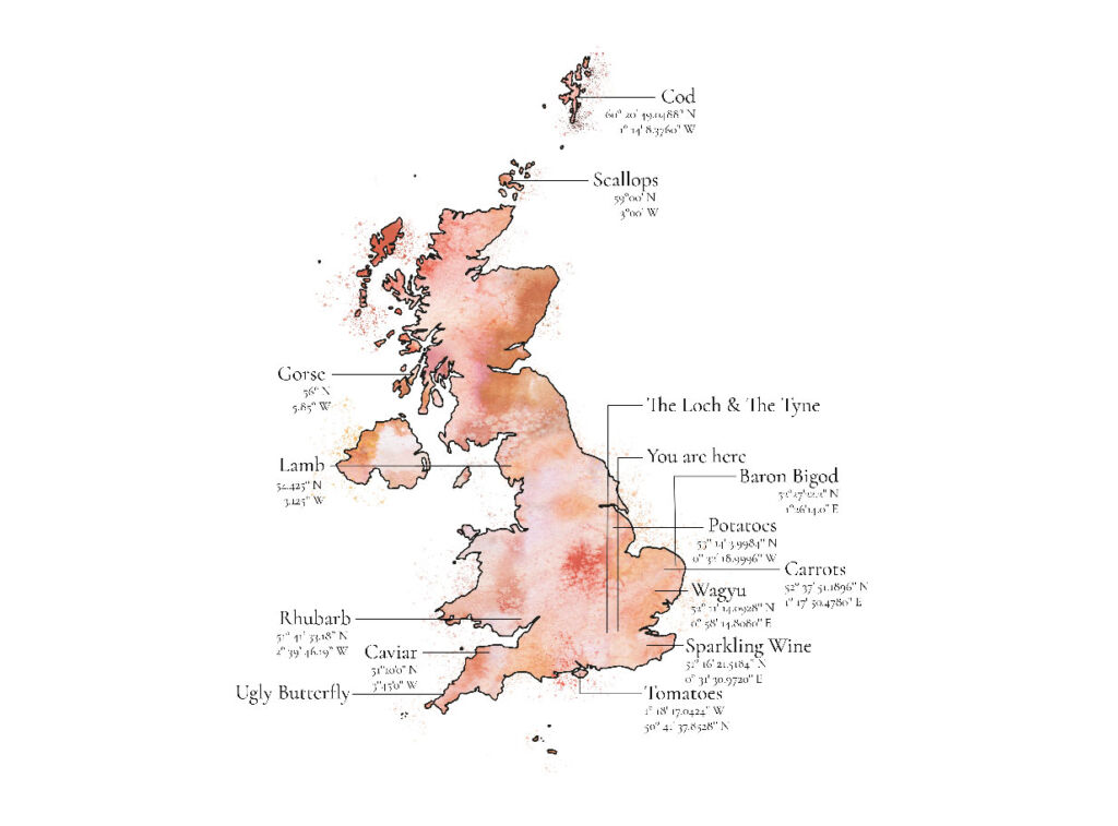 A map showing where the restaurant's food is sourced from in the UK