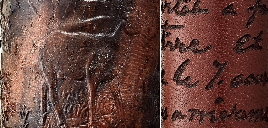 Closeup of the wood engraving on a Montblanc pen