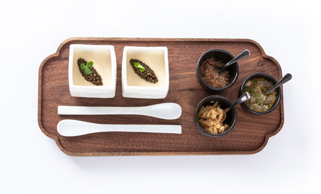 Homemade Velvet Tofu with Ossetra Caviar & Condiments
