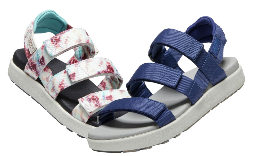 The Elle Strappy sandals, one in a navy blue and the other in a multicoloured style