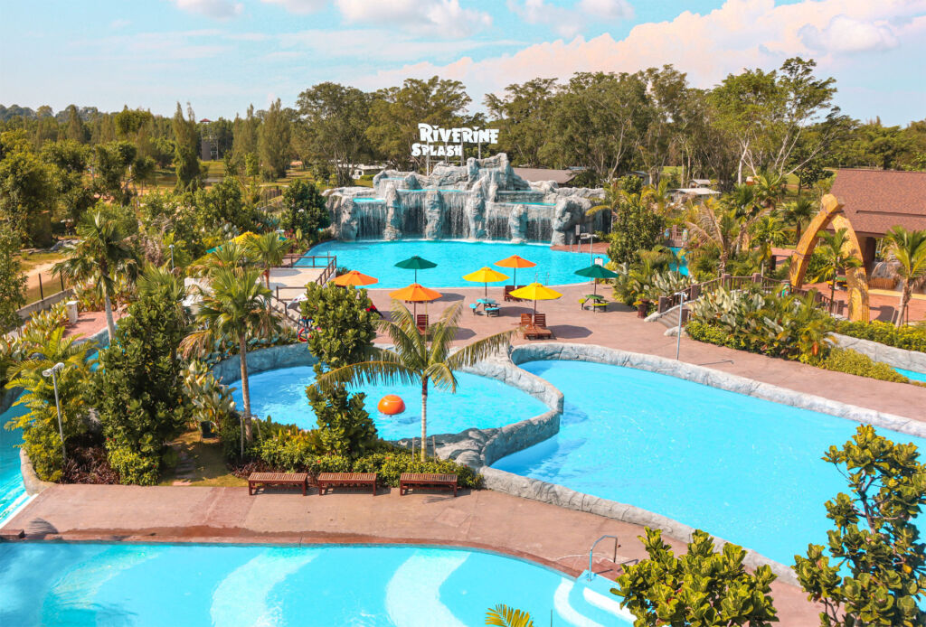 An aerial view of the pools at Riverine Splash