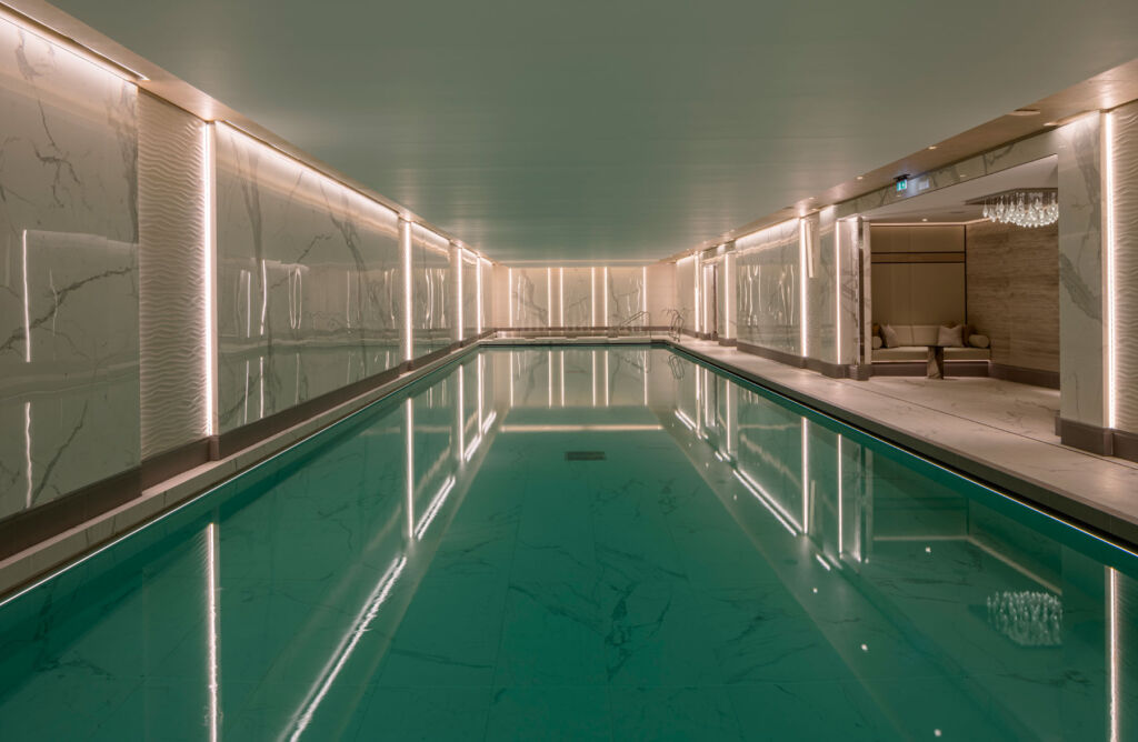 The huge indoor swimming pool for the residents