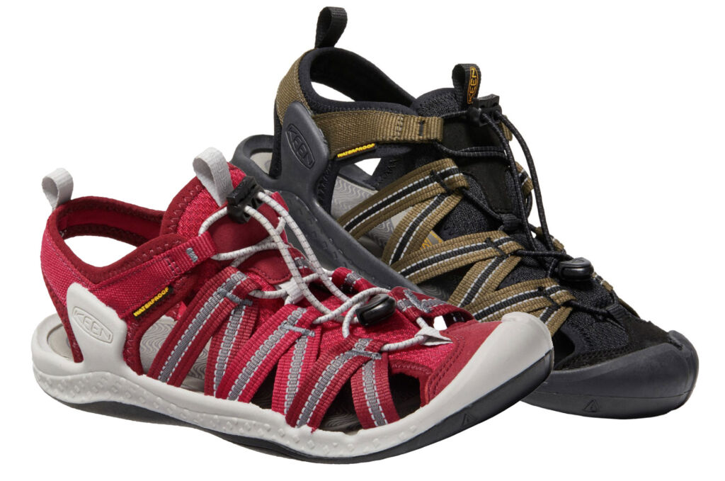 The Drift Creek Hiking Sandals, one pair in a red colour and the other in brown