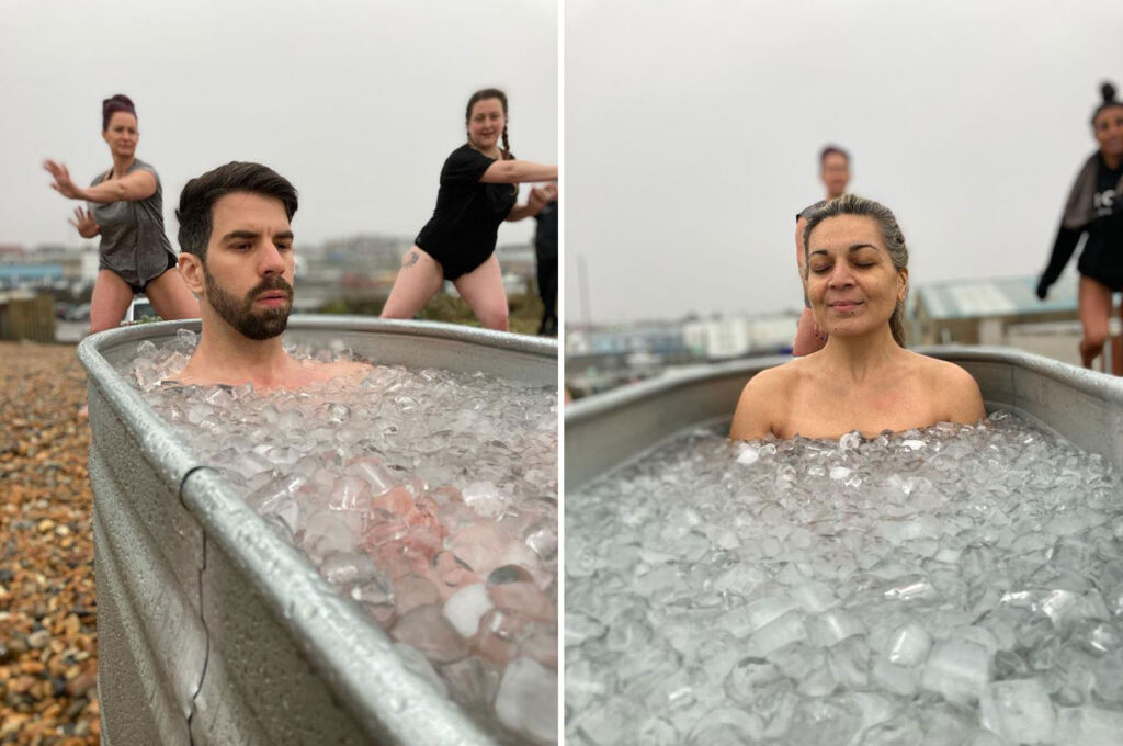 A man and a woman trying the Wim Hof Ice Bath on Brighton Beach