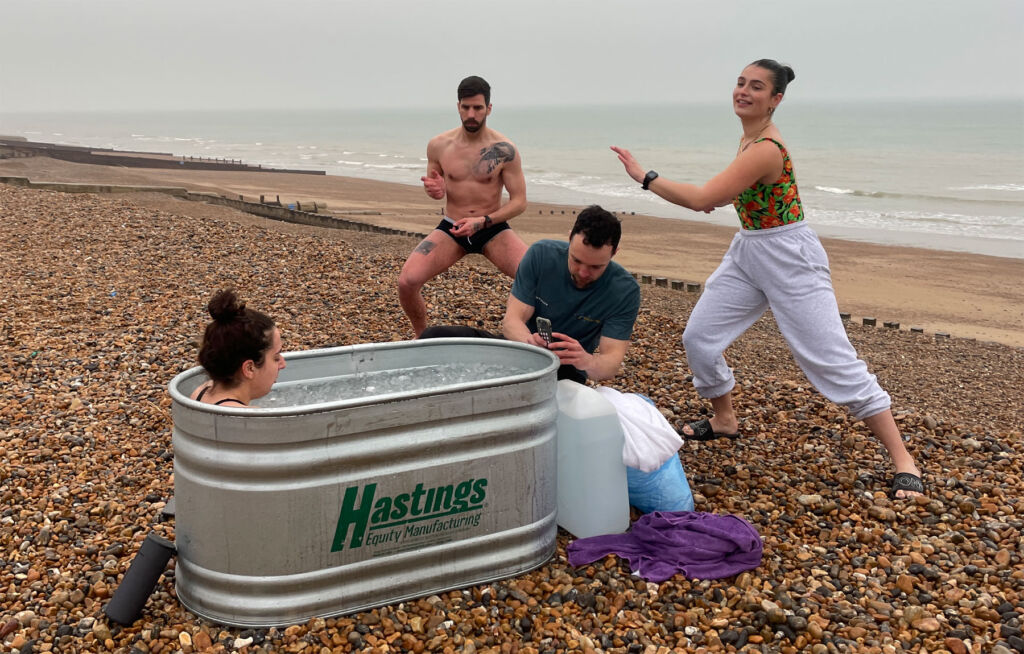 The ice bath is more of a social ritual with many people joining in