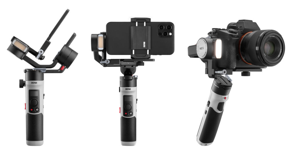 The gimbal stabiliser without a camera and with a camera and a mobile phone