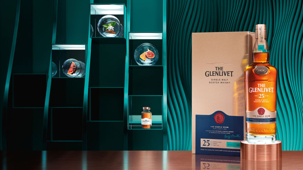 The Glenlivet 25-Year-Old single malt with its box and a display cabinet