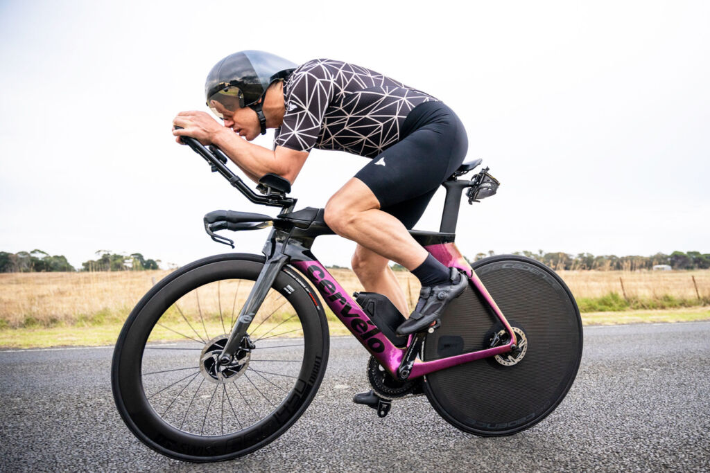 A cyclist wearing the Tri-Fit Geo suit