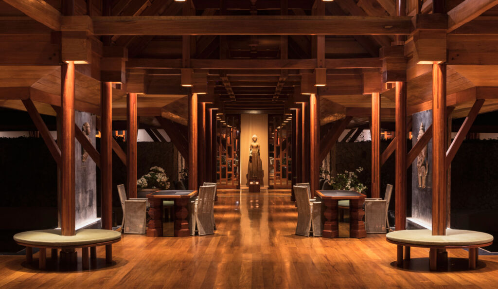 The resort lobby bedecked in a beautiful traditional wood style 