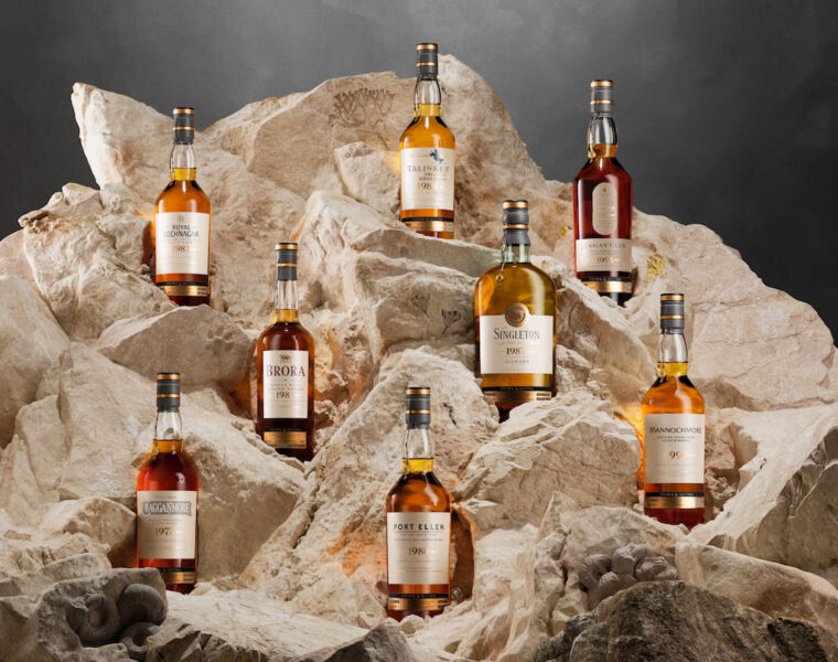 Diageo's Prima and Ultima 3rd Release bottles set out on rocks