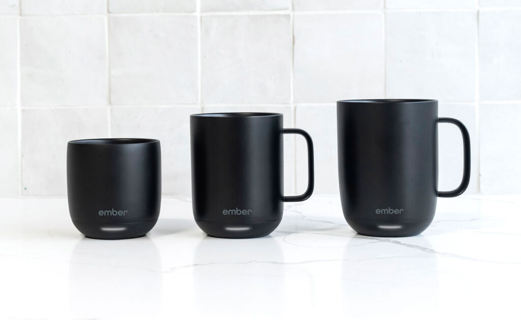 The three sizes of mugs currently available from Ember