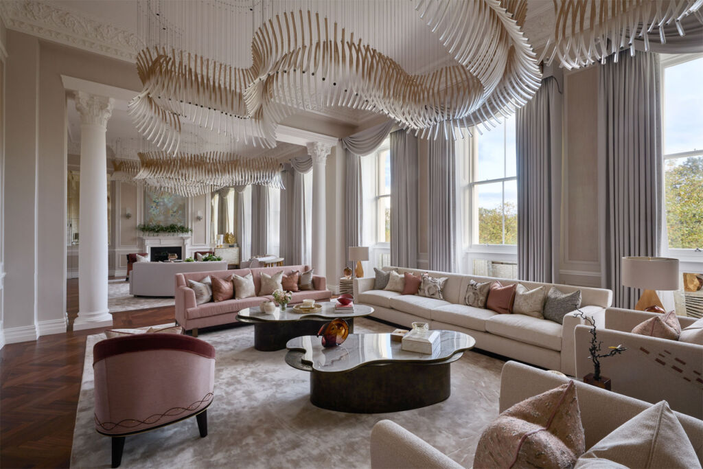 Inside the formal living room which is dominated by a huge chandelier
