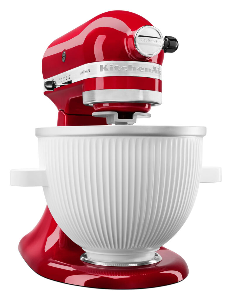 The ice cream bowl in an iconic candy apple red mixer