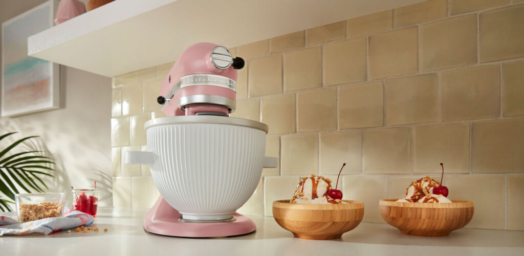 The ice cream bowl being used with one of the brand's pink coloured mixers
