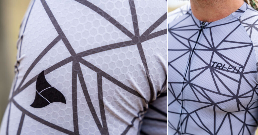 A closer look at the detailing (Logo etc.) on a man's top