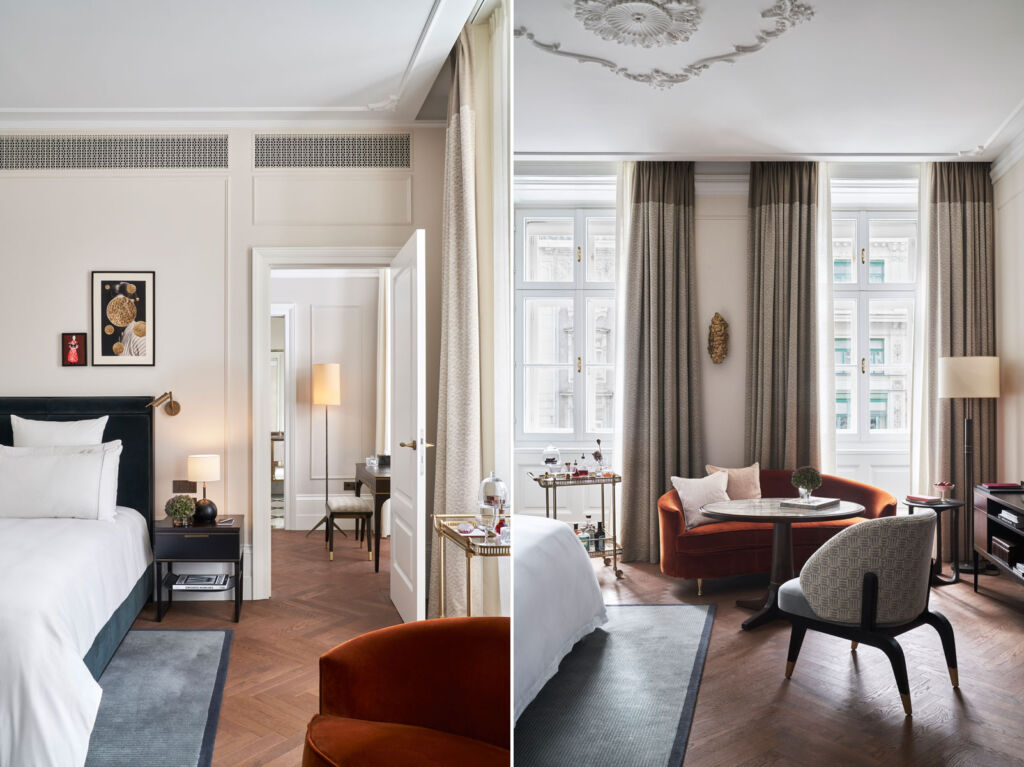 Two different views of the interior of one of the luxurious suites