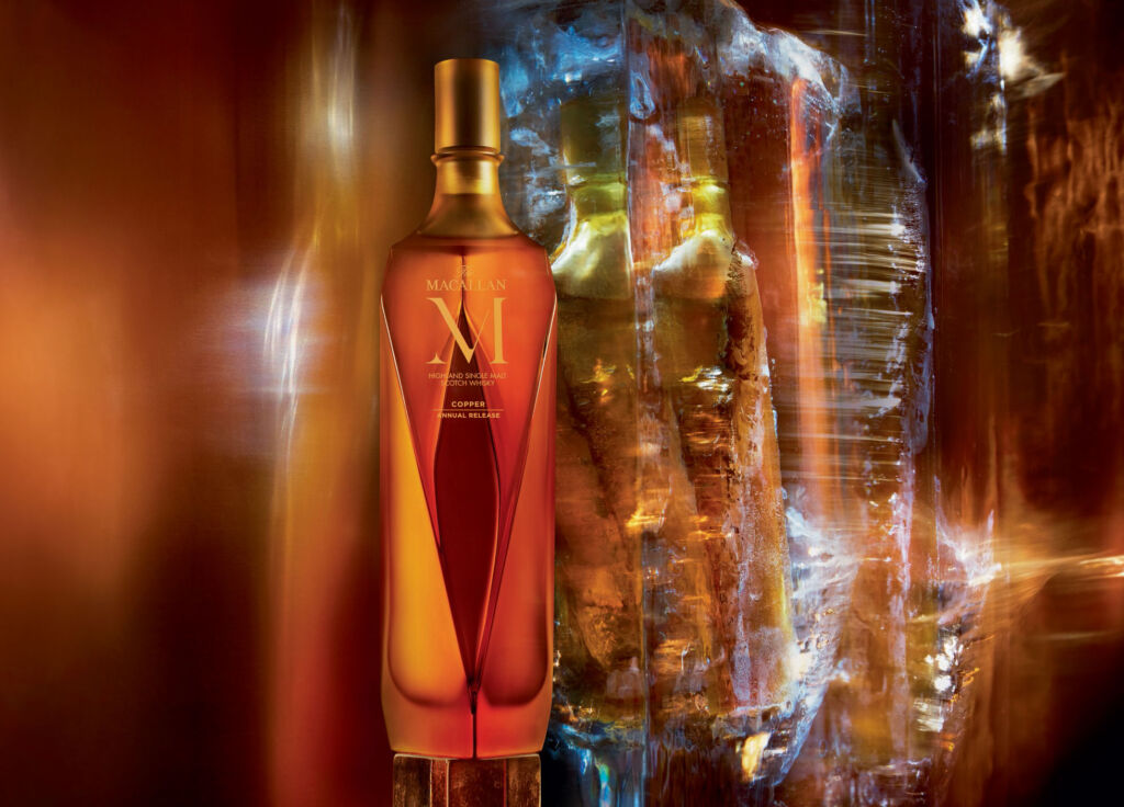 A close up view of the Copper's exquisite bottle in front of ice