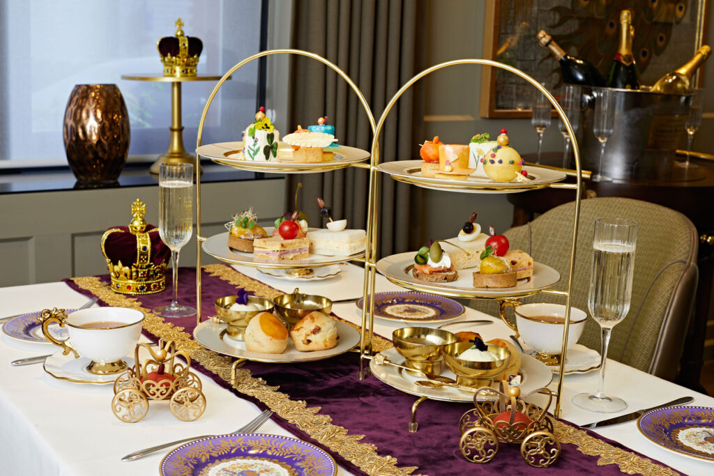 The royal themed afternoon tea laid out on table in all its splendour