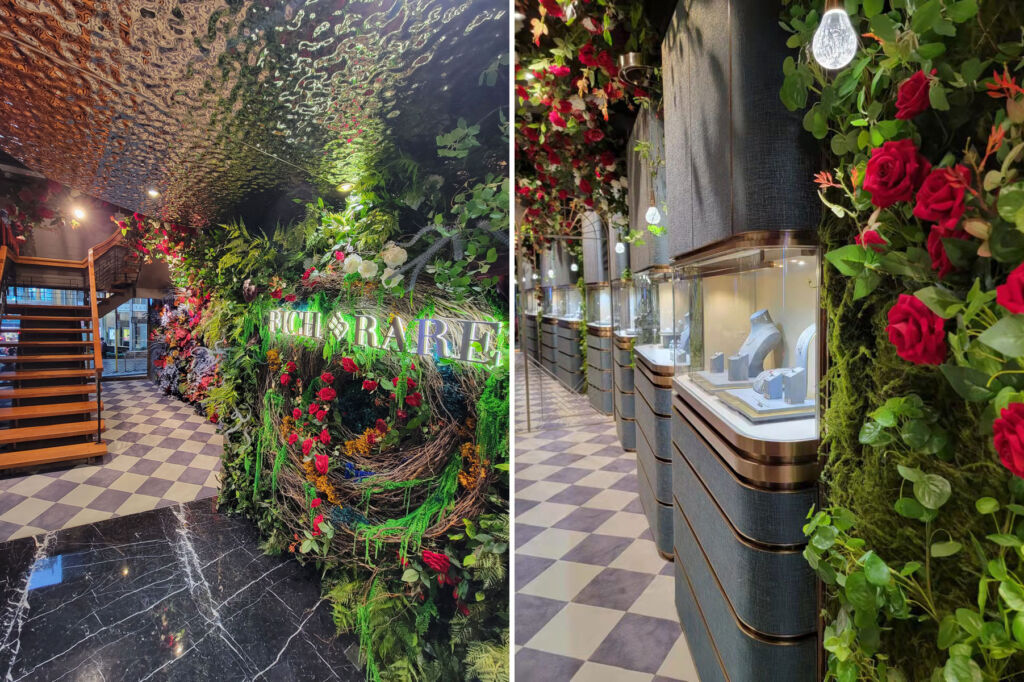 The vibrant floral arrangements inside the flagship boutique