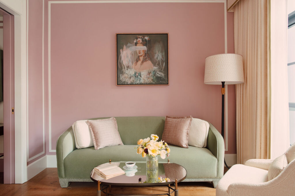 The tasteful Parisian interior inside the suites, that uses different pastel shades
