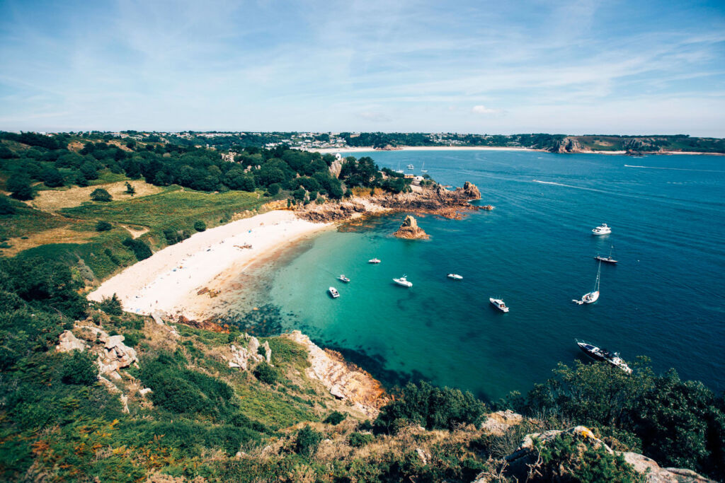 An aerial view of Beauport Bay on a sunny day