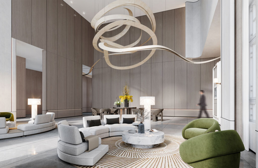 An artists rendering of the Plaza Lounge at Clinque La Prairie's new resort in Anji, China