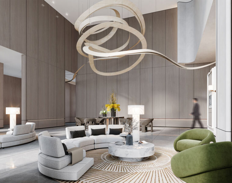 An artists rendering of the Plaza Lounge at Clinque La Prairie's new resort in Anji, China