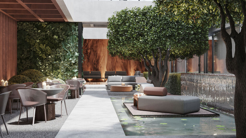 The outdoor relaxtion area with foliage and designer seating